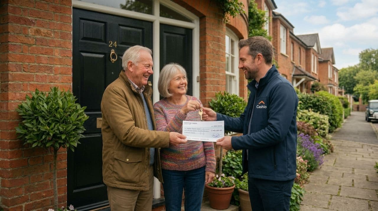 A set of house keys being handed over outside a property
